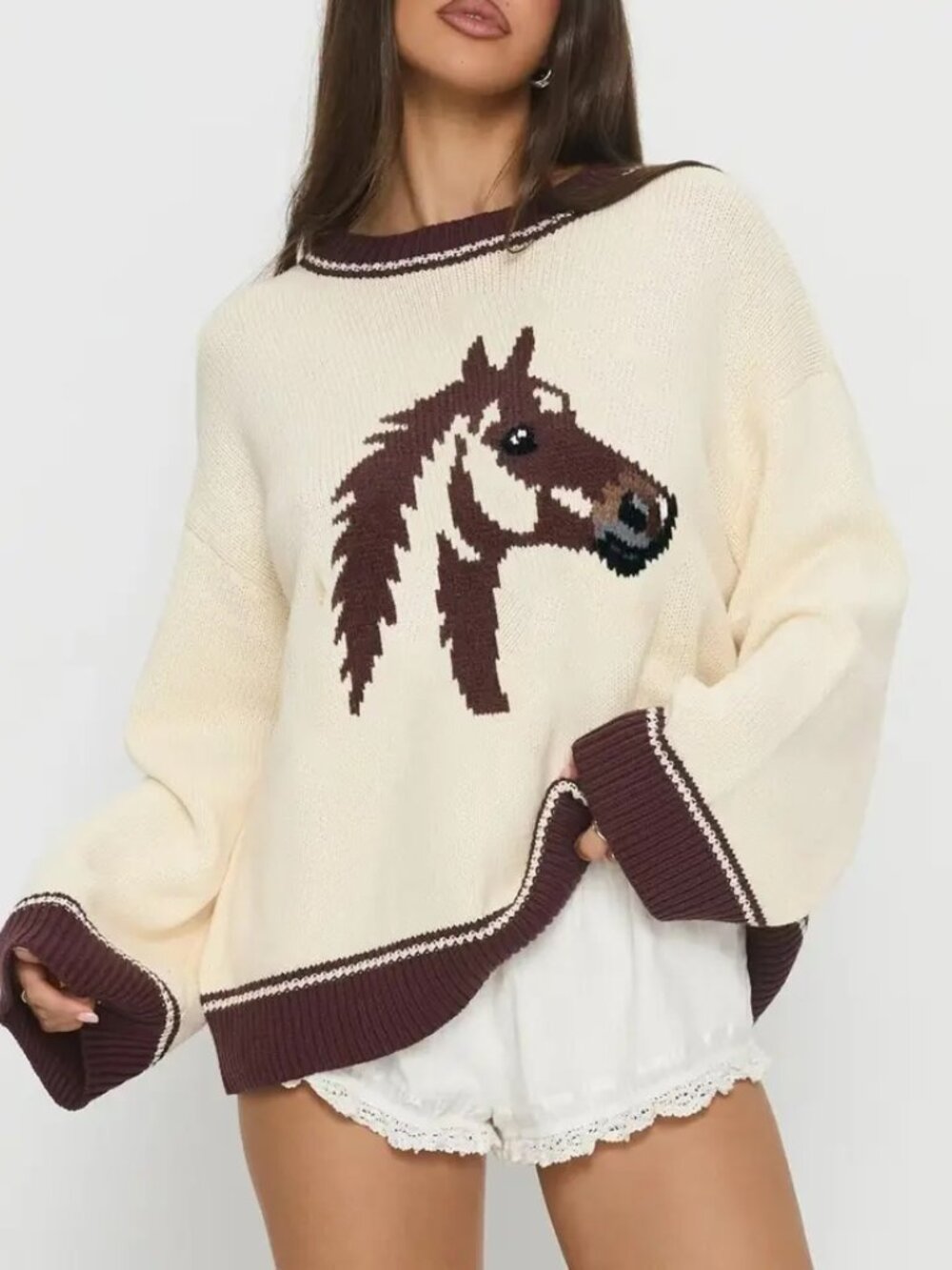 Western Vintage Horse Graphic Knit Sweater in Cream - Picture 4 of 5